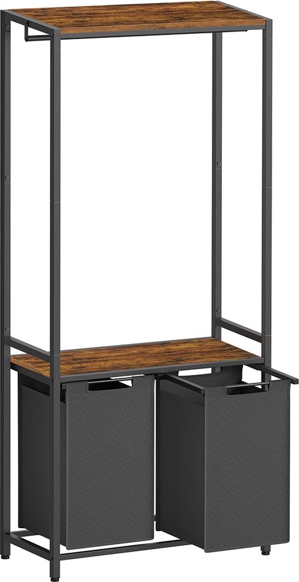 Goedkoopste Wasmand met Kapstok - 2 Vakken - Vintage Bruin - Klassiek Zwart - Spaanplaat - Staal - Oxfordstof - 73cm x 33cm x 177cm