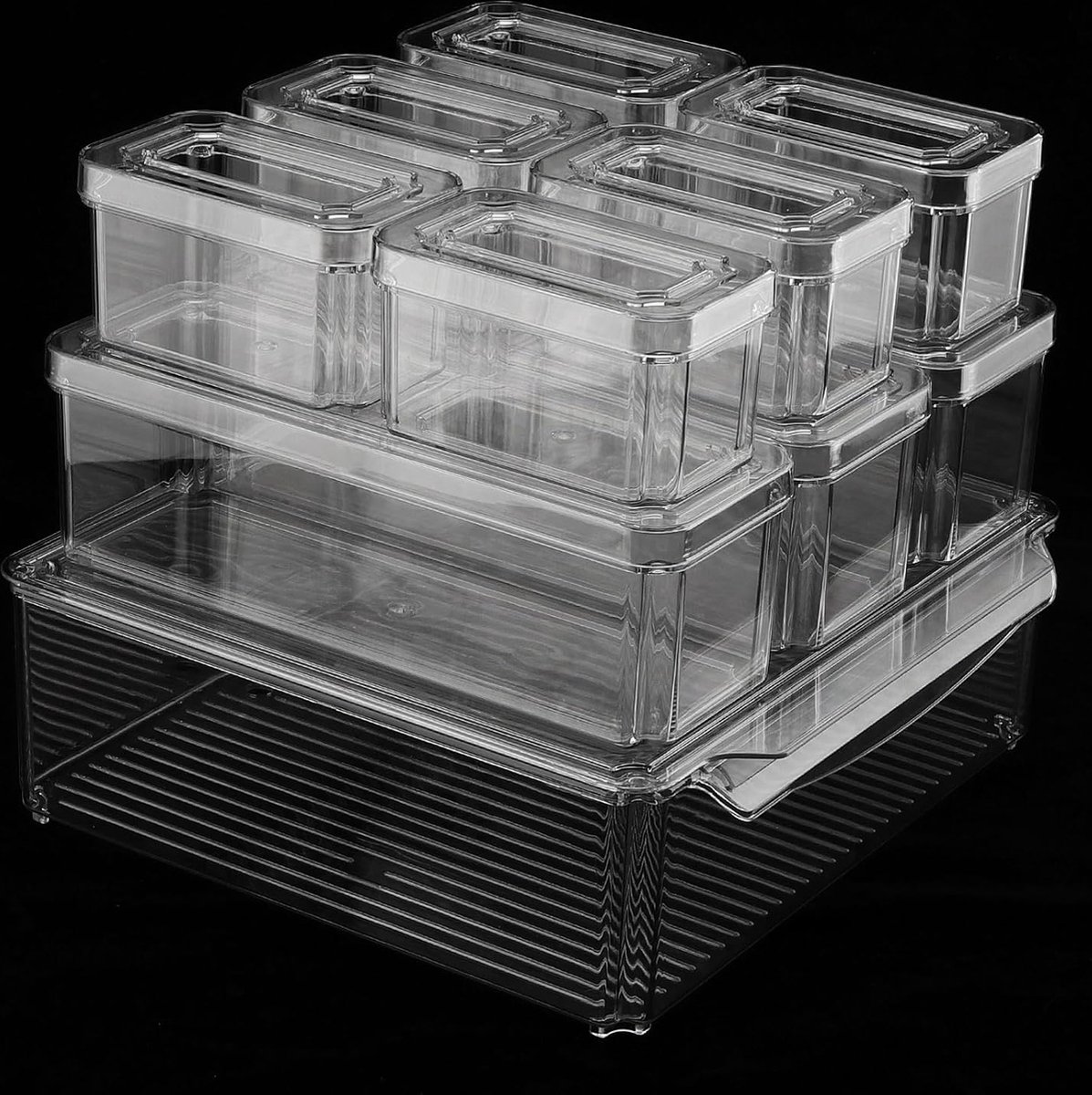 Set van 10 Frigo Opbergdozen met Deksels - Transparante Koelkast Organizers met Afvoerroosters - Stapelbare Vriezer Boxen - Plastic Opbergbakken voor Keuken, Kast en Pantry