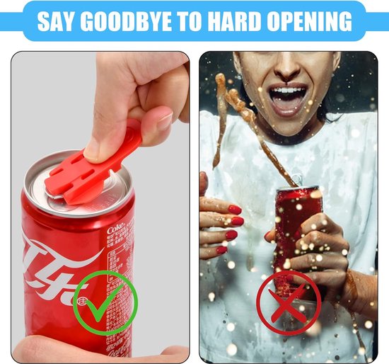 Rode blikopener op een frisdrankblikje. Een vrouw met de fles open, spuitend, en een gekruist icoon.