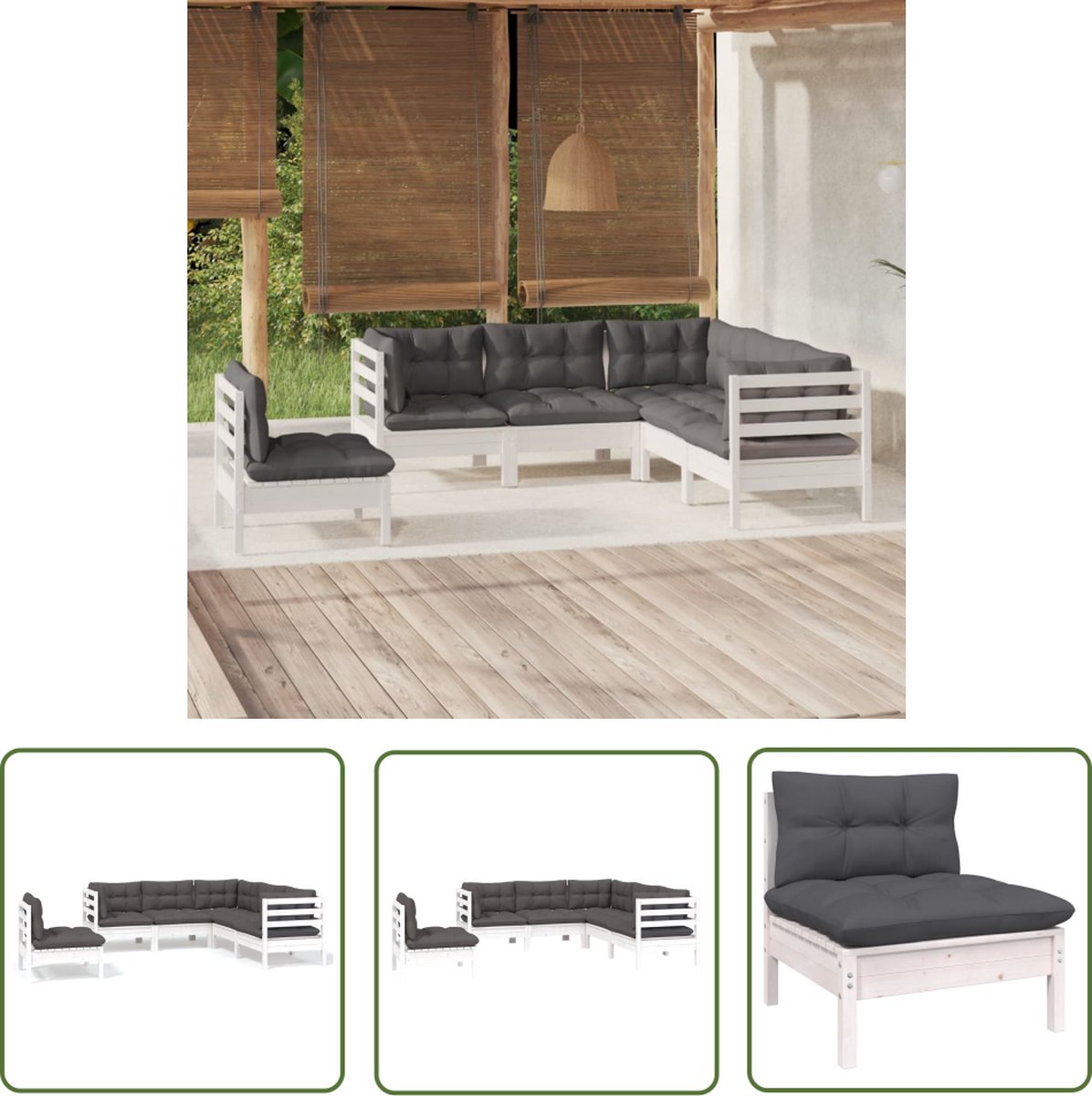The Living Store 5-delige Loungeset met kussens grenenhout wit - Tuinlounge - Lounge Set - Tuinset - Buitendecor - Teak