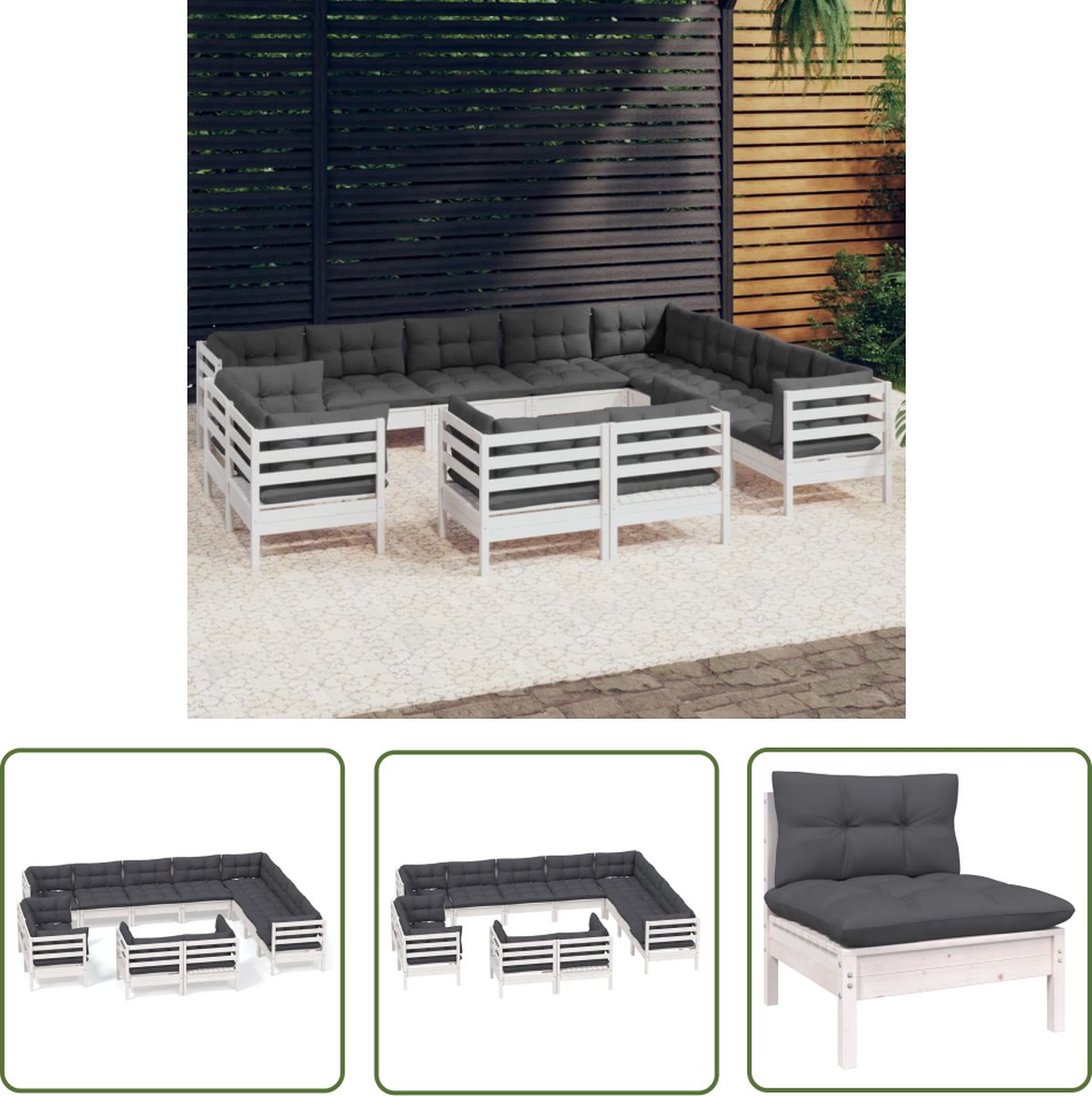 Tuinset loungeset van massief grenenhout in wit met kussens.