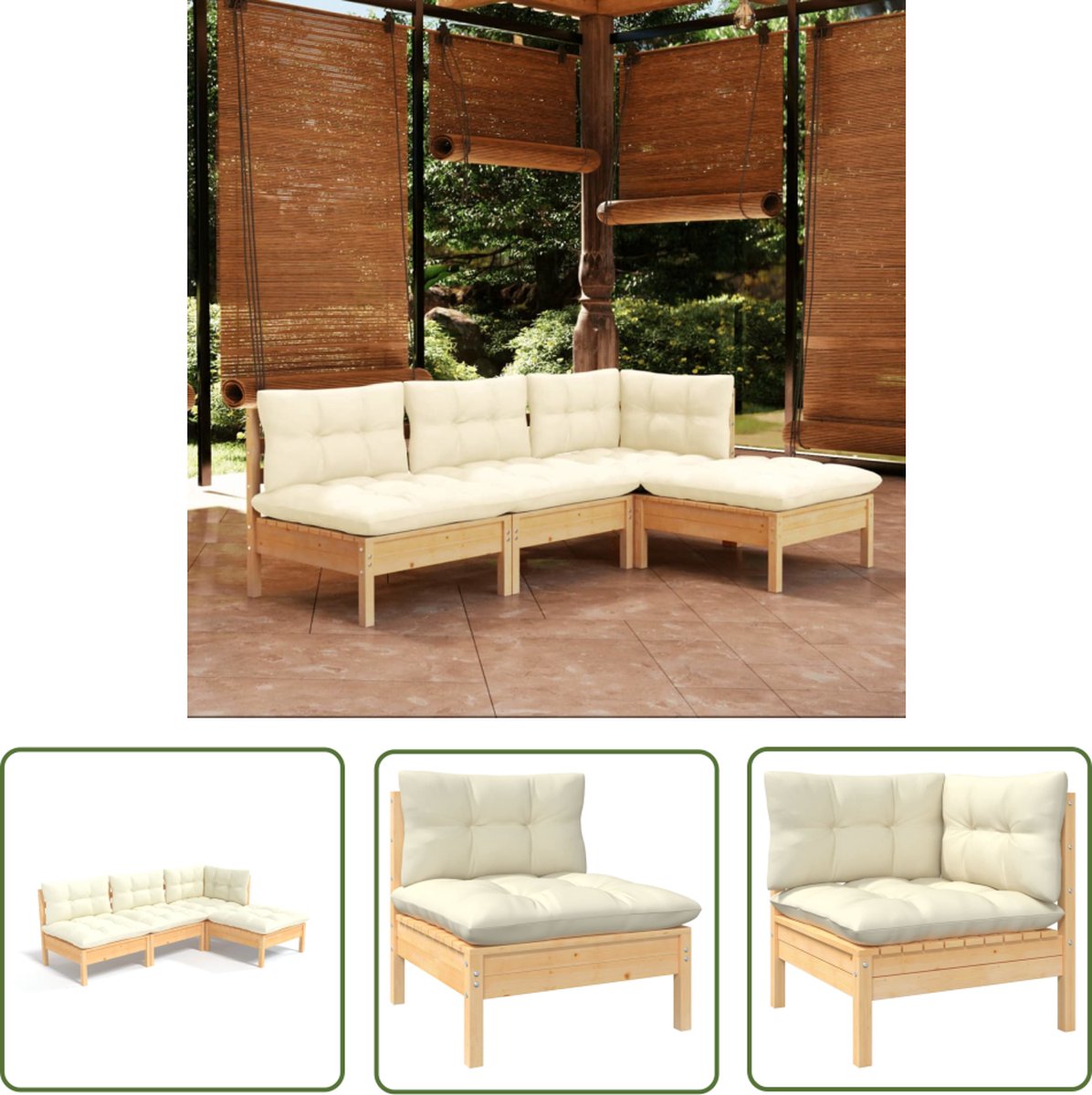 Tuin lounge set met crèmekleurige kussens en grenenhouten frame.