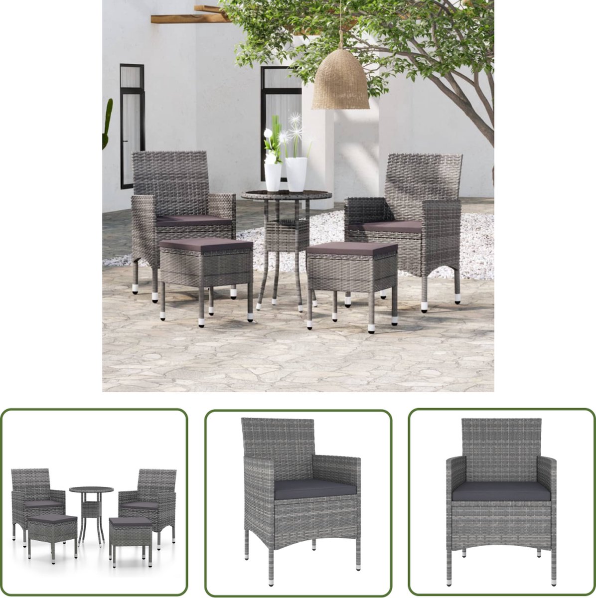 The Living Store 5-delige Loungeset poly rattan grijs - Loungeset - Tuinset - Tuinmeubel - Lounge Set - Buitendecoratie