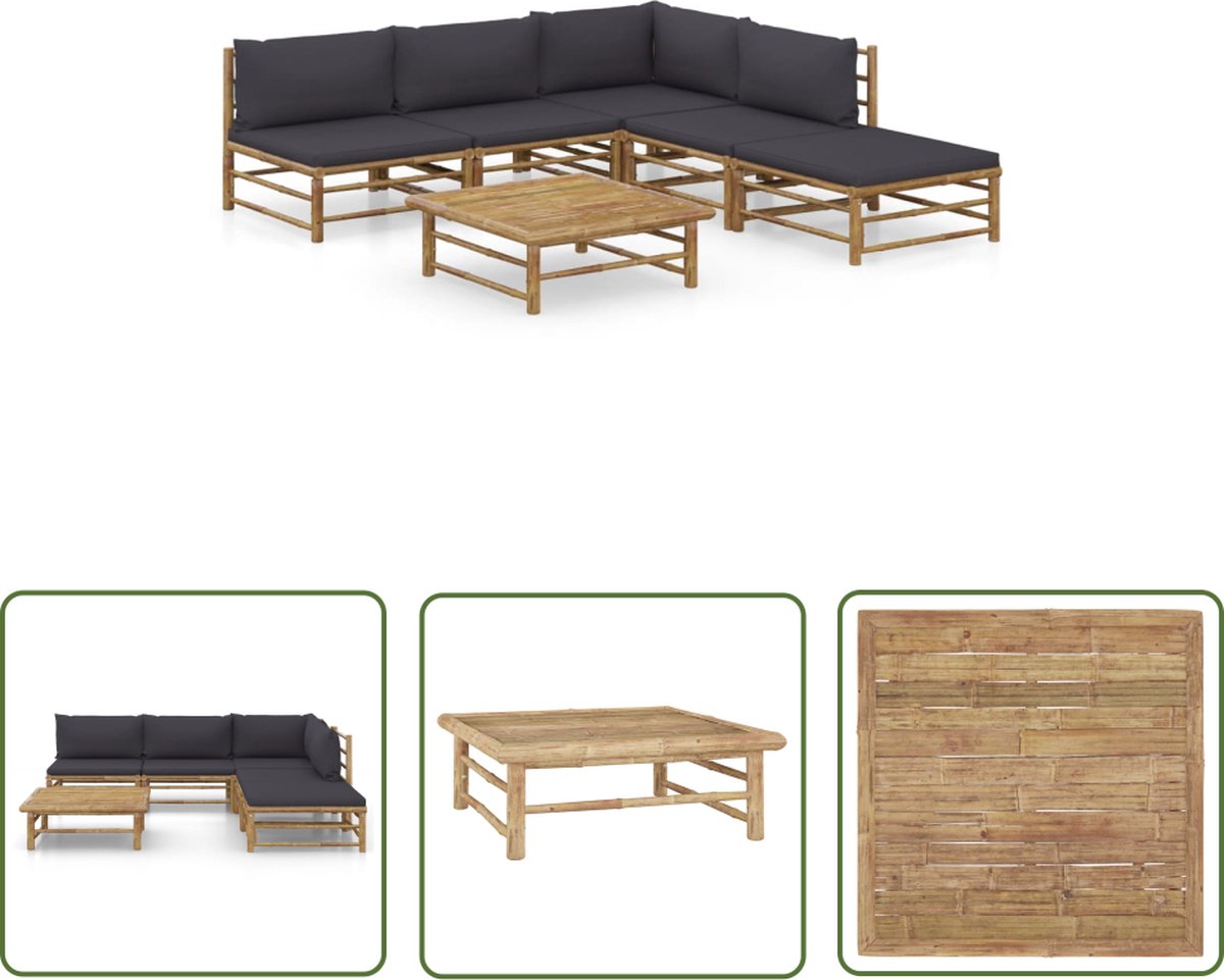 The Living Store 6-delige Loungeset met donkergrijze kussens bamboe - Bamboelounge - Loungestoel - Buitendining - Tuinlounge - Tuinset