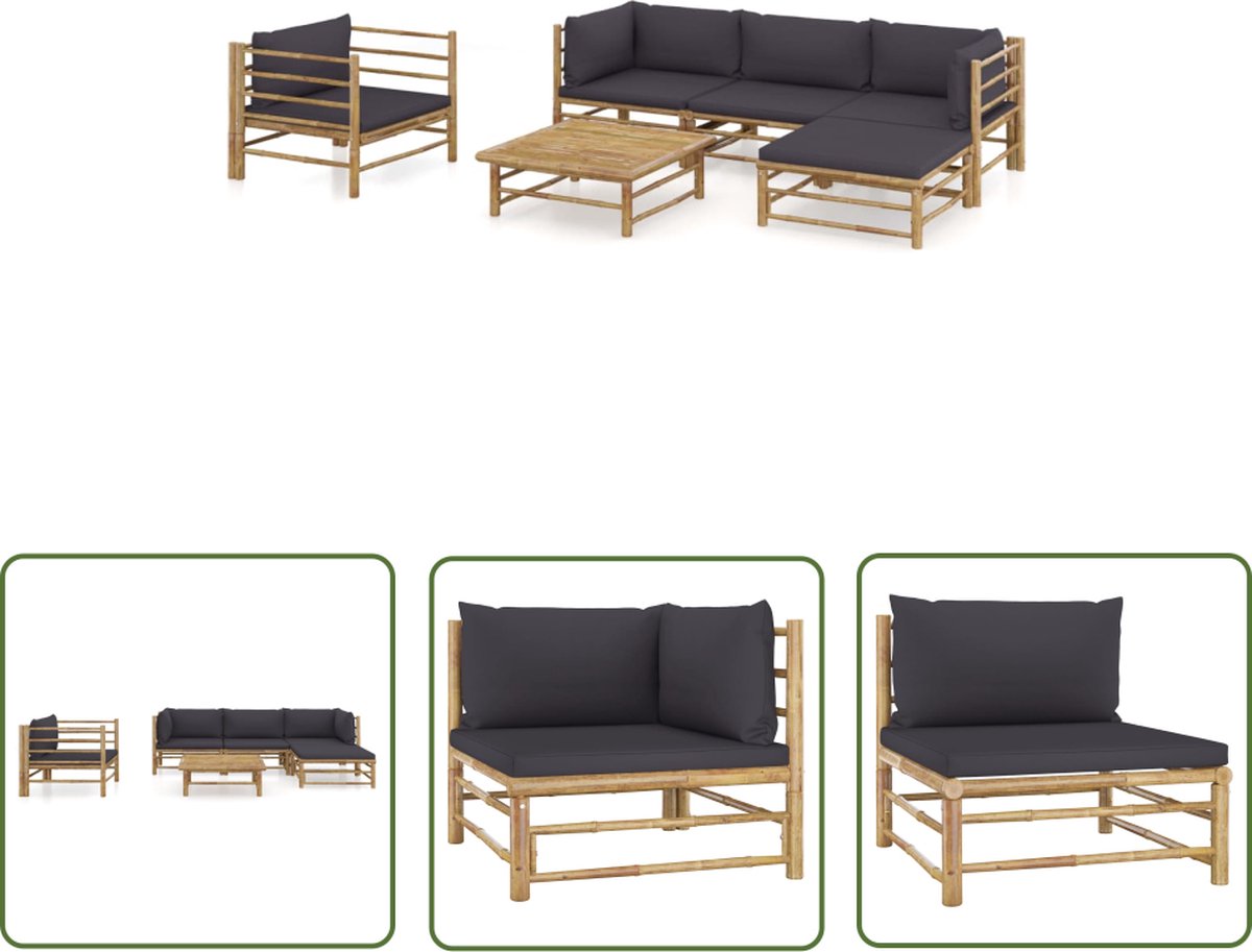 The Living Store 6-delige Loungeset met donkergrijze kussens bamboe - Lounge Set - Bamboeset - Buitendiner - Loungestoel - Tuinstoel