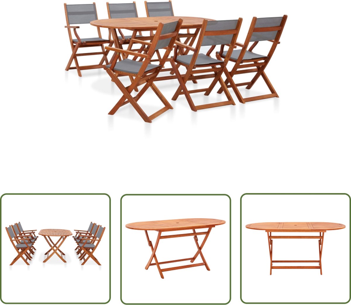 The Living Store 7-delige Tuinset massief eucalyptushout en textileen grijs - Eetkamerstoel - Buitentafels - Houten Meubels - Teak Tafels - Lounge Set