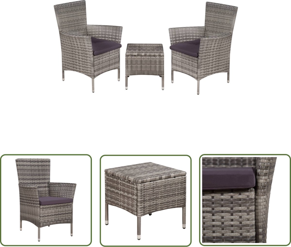 The Living Store 3-delige Bistroset poly rattan grijs - Tuinstoel - Bistroset - Buitentafel - Lounge Set - Outdoor Meubels