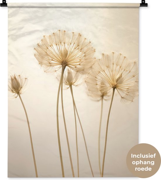 Wandkleed met grote, transparante paardenbloemen, inclusief ophangroede.