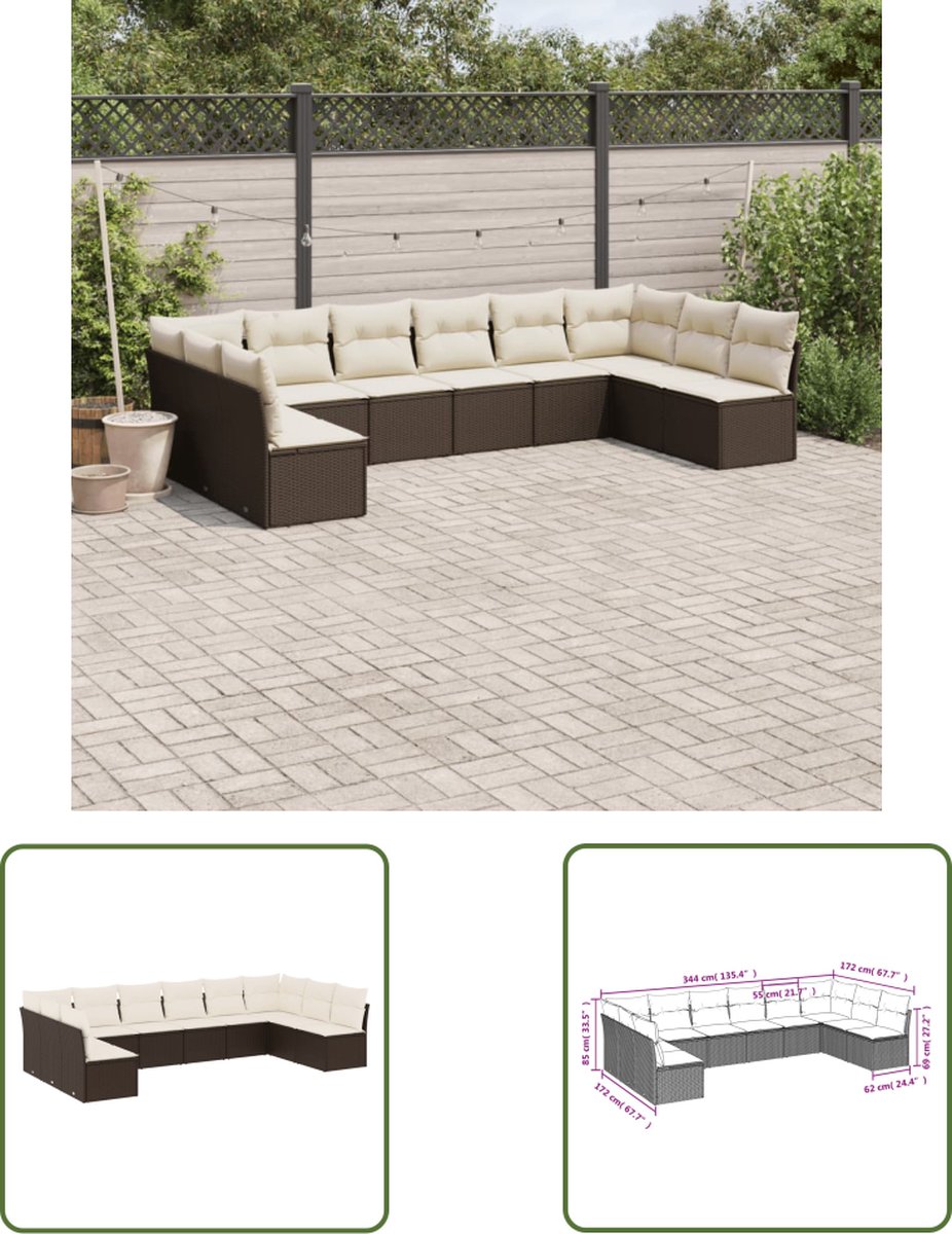 The Living Store 10-delige Loungeset met kussens poly rattan bruin - Loungeset - Tuinset - Loungehoek - Buitendecoratie - Tuinbank