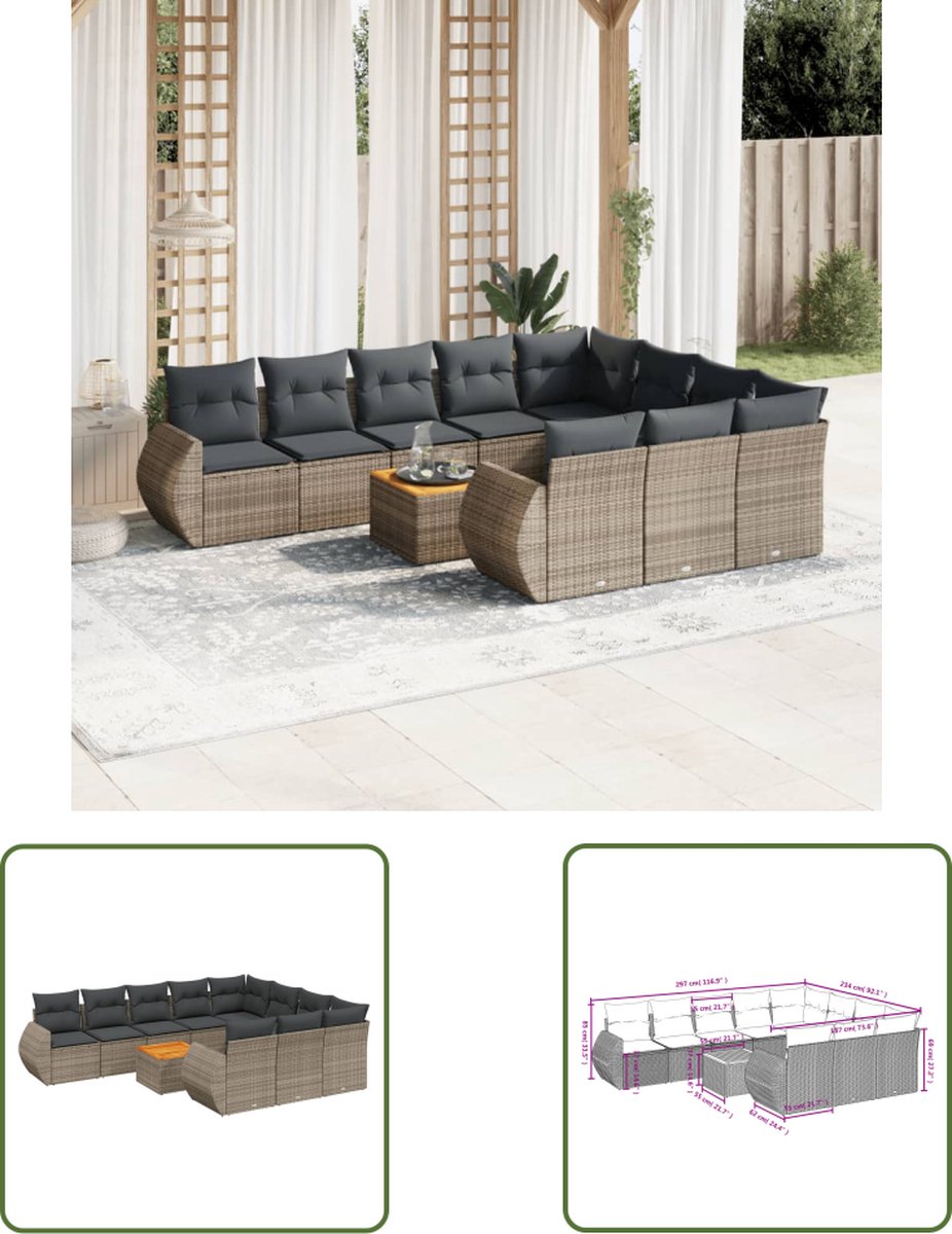 The Living Store 11-delige Loungeset met kussens poly rattan grijs - Loungeset - Lounge Set - Buitendecoratie - Tuinmeubels - Loungebank
