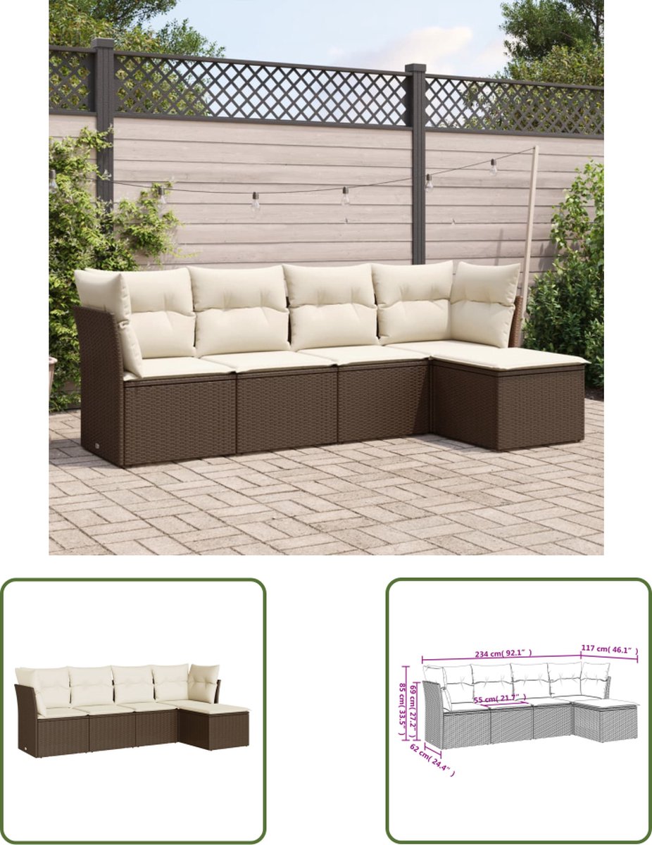 Bruine poly rattan loungeset met kussens voor tuin- en terrasmeubels.