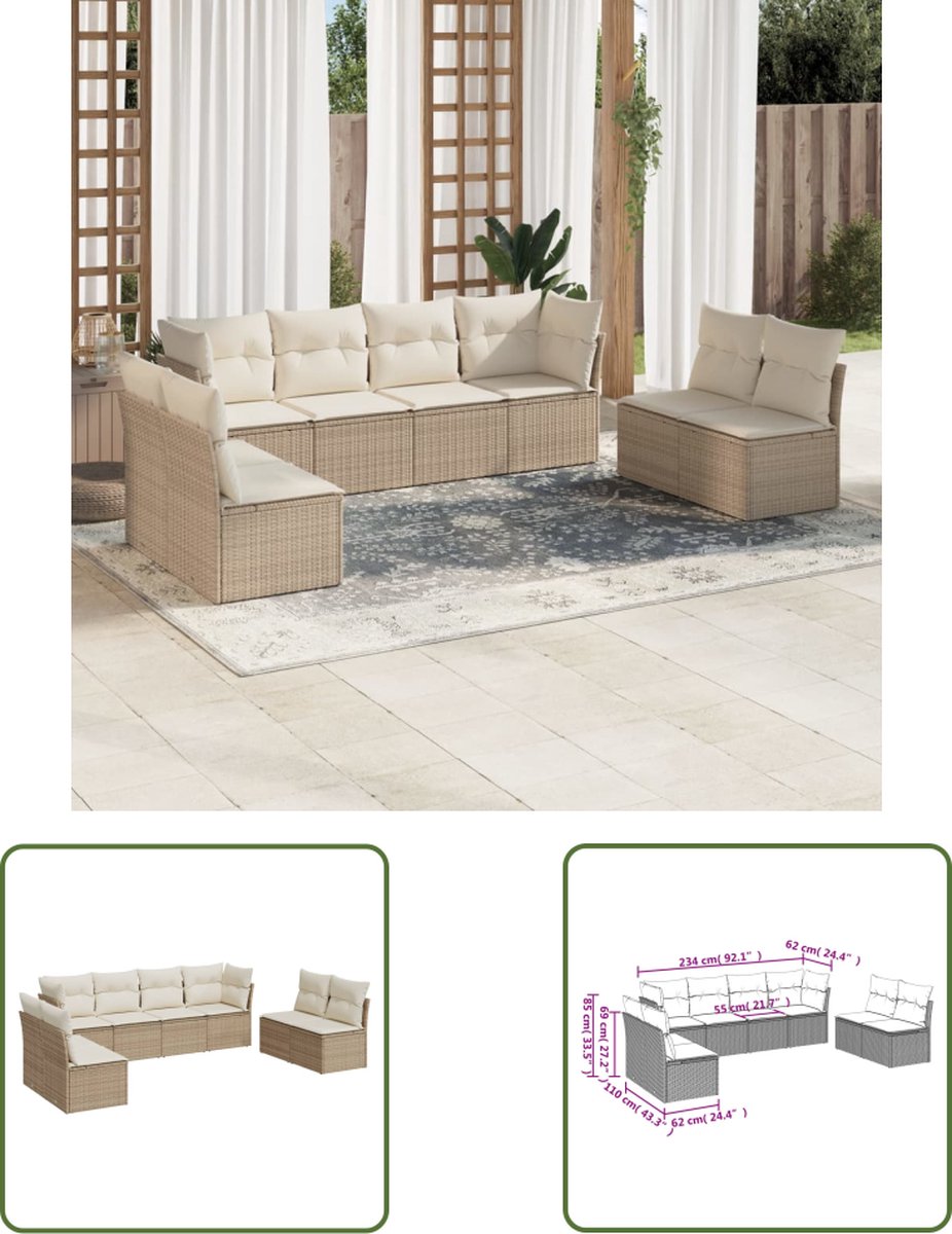 The Living Store 8-delige Loungeset met kussens poly rattan beige - Loungeset - Tuinset - Tuinmeubels - Lounge Set - Pe Rattan