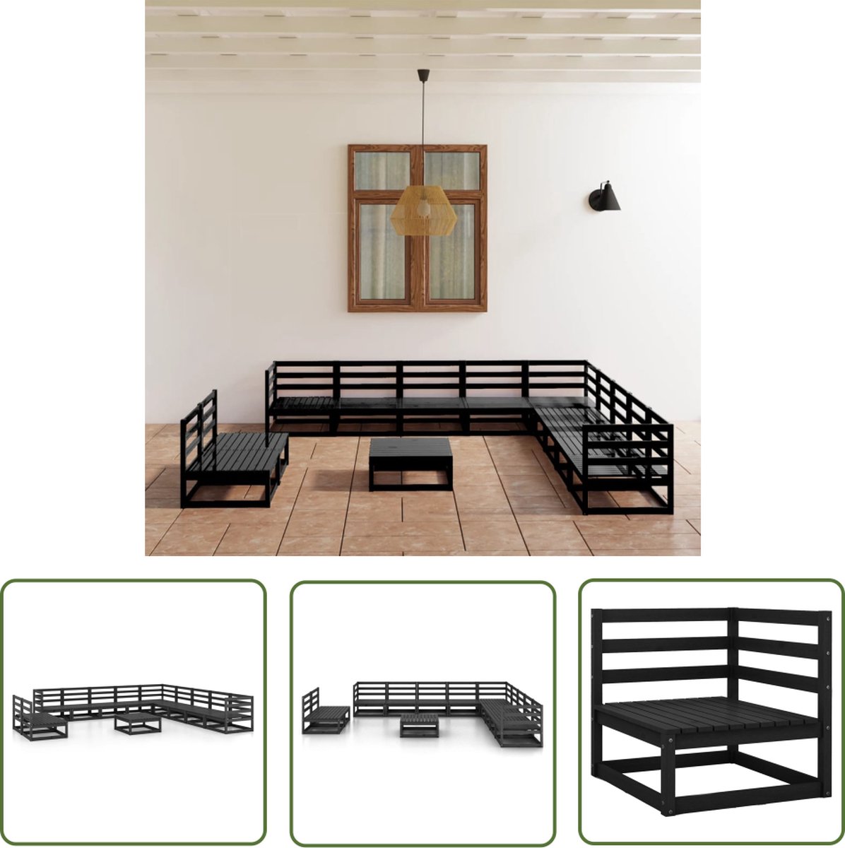 The Living Store 12-delige Loungeset massief grenenhout zwart - Tuinstoel - Lounge Set - Buitendecor - Terrasdecor - Houten Bank