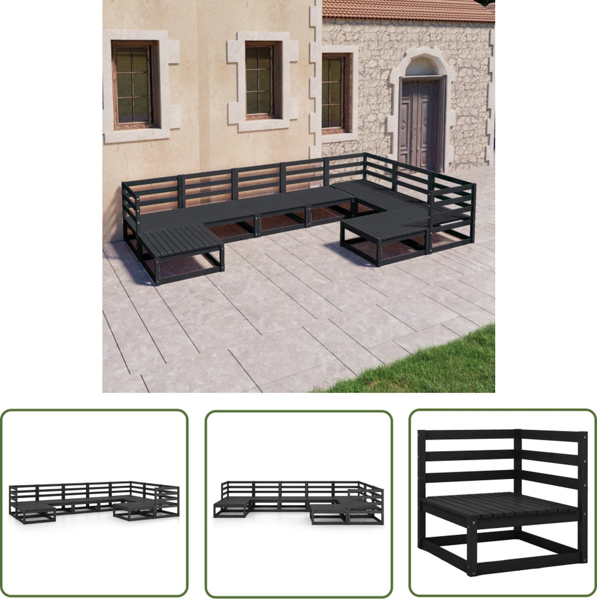 Zwarte loungeset van massief grenenhout voor buiten - Tuinmeubilair.
