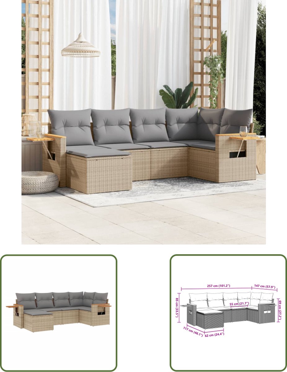 The Living Store 6-delige Loungeset met kussens poly rattan beige - Loungebank - Tuinset - Lounge Set - Tuinmeubels - Pe Rattan