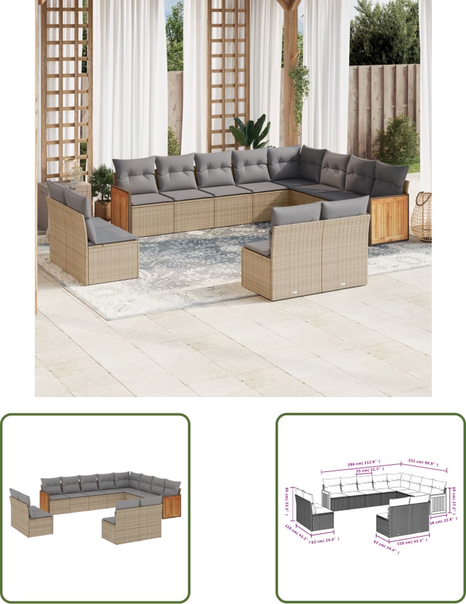 The Living Store 12-delige Loungeset met beige kussens - poly rattan.