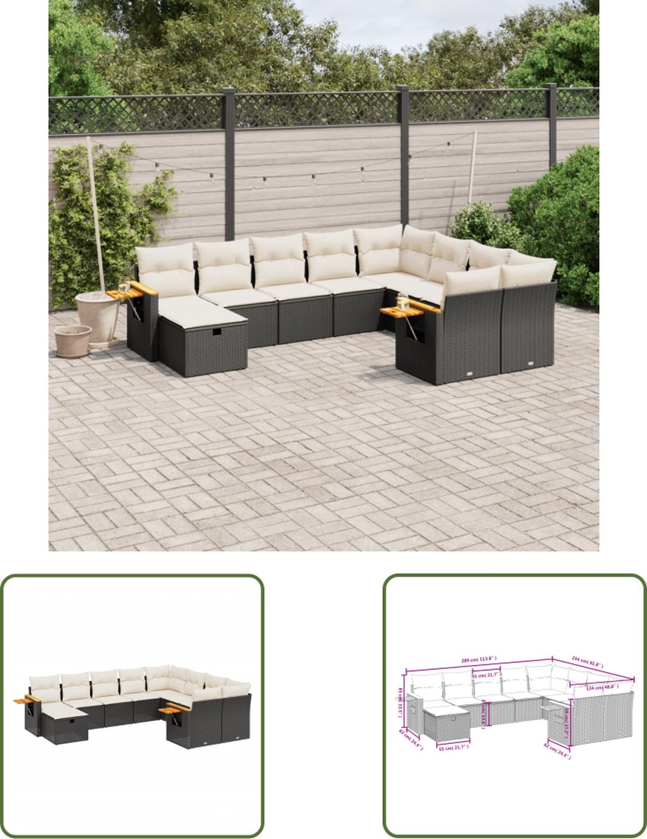 The Living Store 10-delige Loungeset met kussens poly rattan zwart