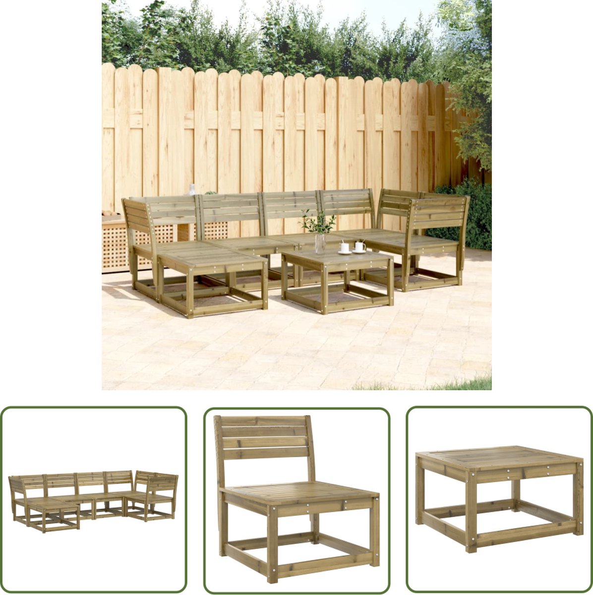 The Living Store 6-delige Loungeset geïmpregneerd grenenhout - Loungebank - Tuinset - Houten Lounge Set - Buitendecoratie - Tuinmeubels