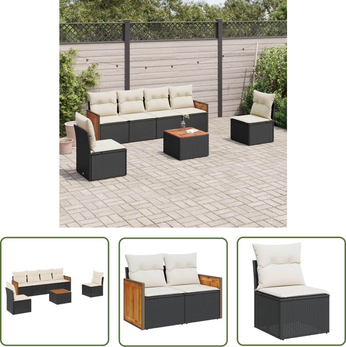 Zwarte poly rattan loungeset met kussens voor buiten - The Living Store.