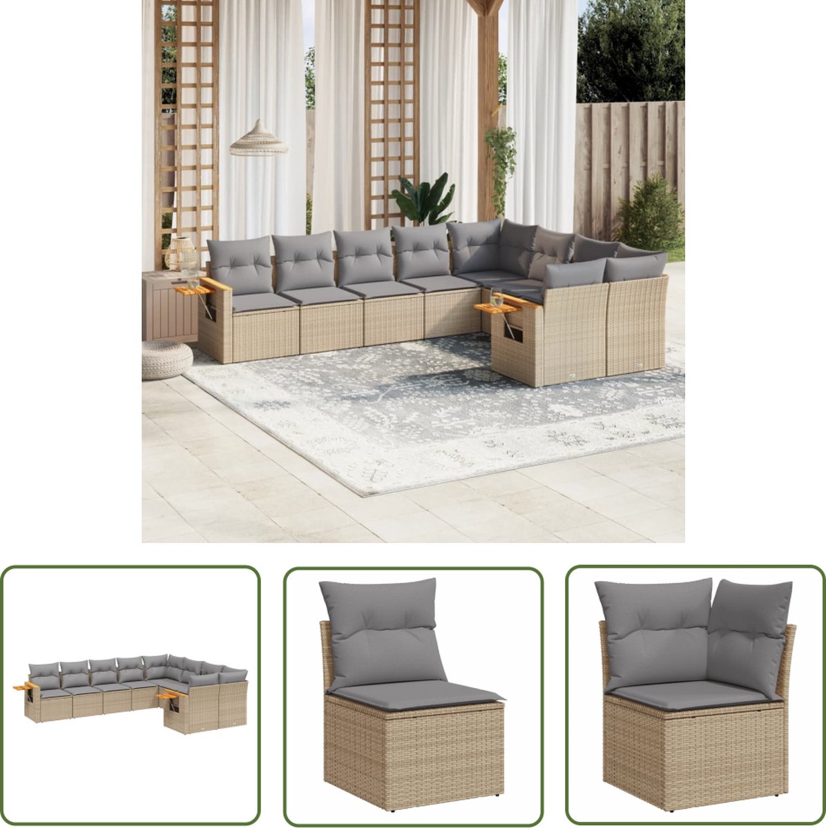 9-delige Loungeset poly rattan beige met kussens - Tuinmeubels - Buitendecoratie