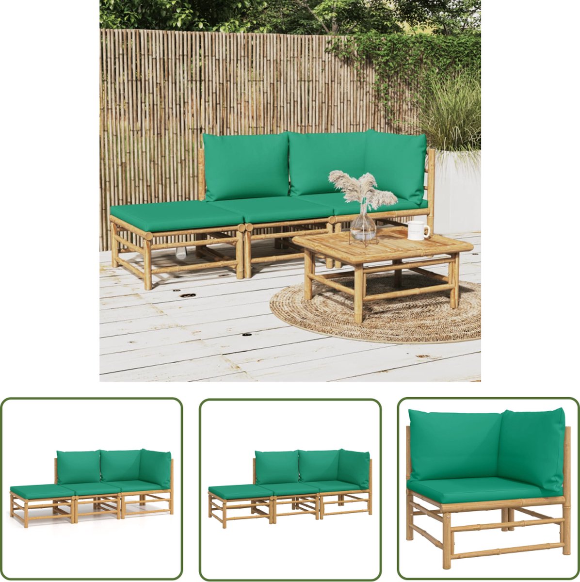 The Living Store 3-delige Loungeset met kussens bamboe groen - Bamboe Lounge Set - Loungestoel - Buis Meubel - Outdoor Furniture - Tuinstoel