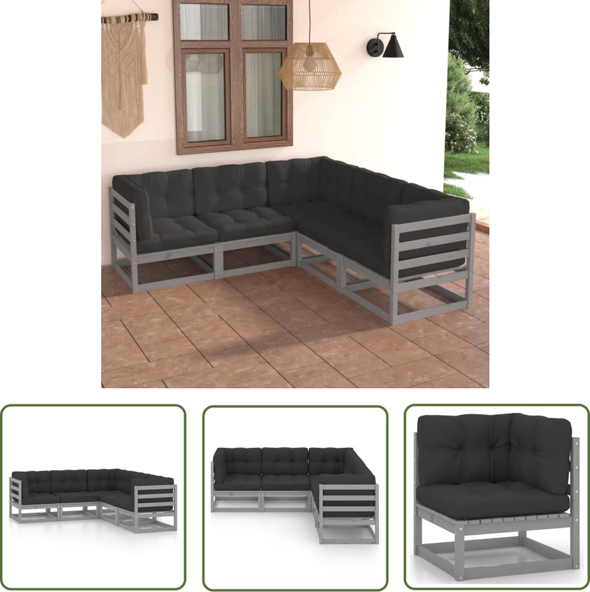 The Living Store 5-delige Loungeset met kussens massief grenenhout - Loungeset - Tuinmeubel - Buitentijnen - Lounge Set - Houten Bank