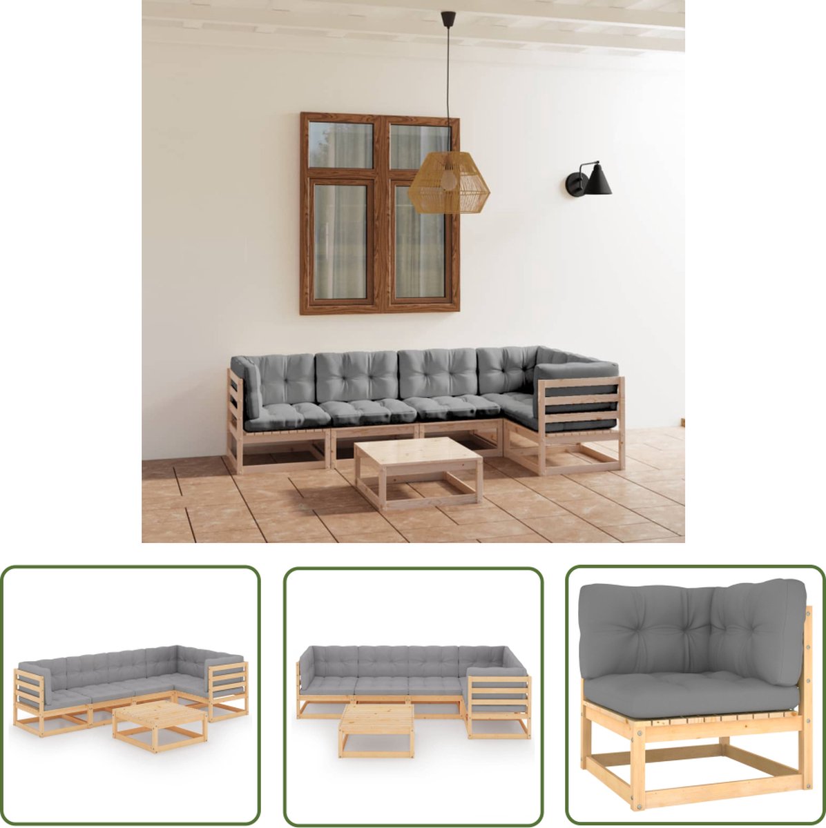 The Living Store 6-delige Loungeset met kussens massief grenenhout - Tuinset - Lounge Set - Houten Tuinset - Grenenhouten Tuinset - Grijze Tuinset