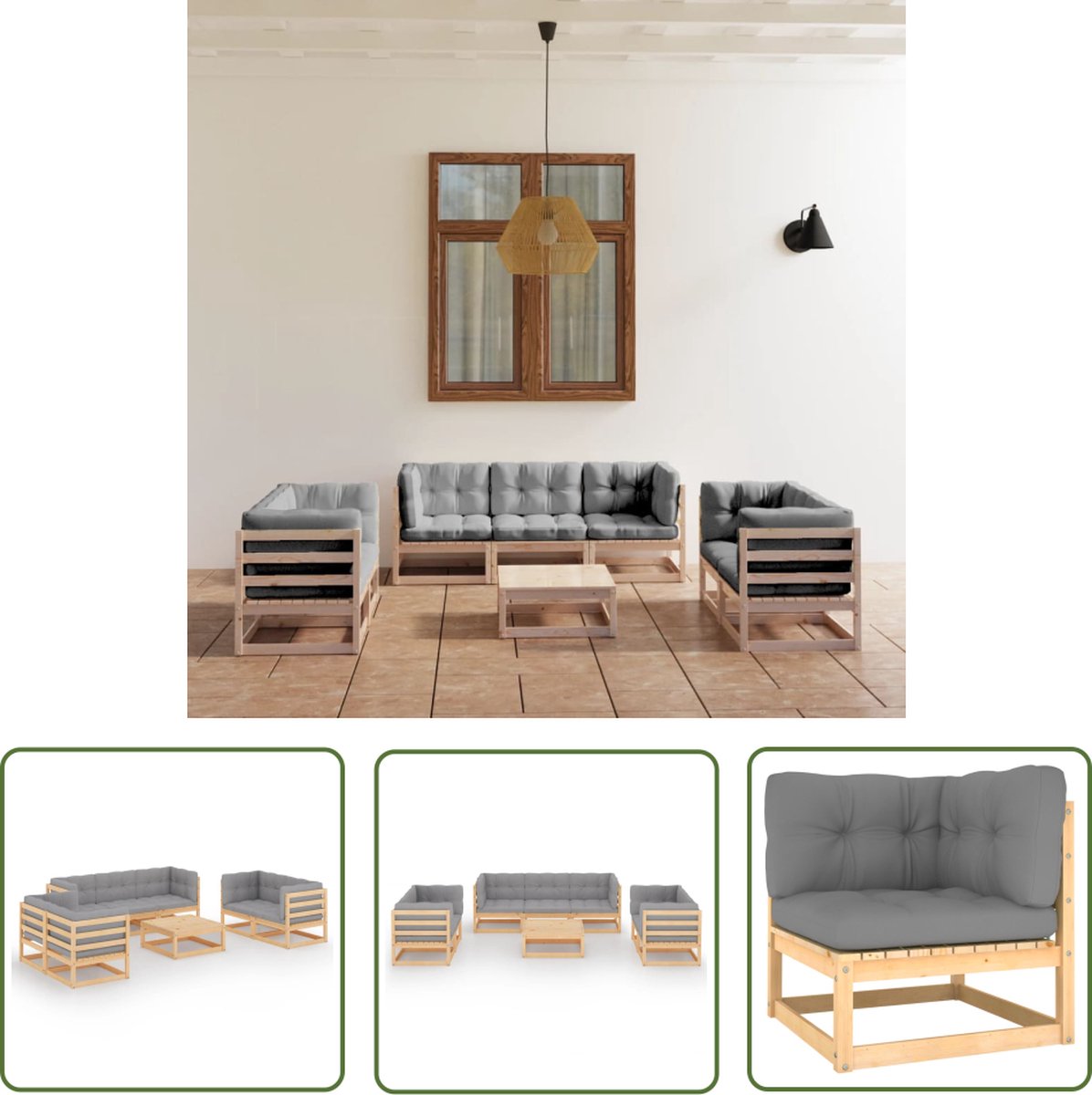 Massief grenenhouten loungeset met kussens voor buiten - The Living Store.