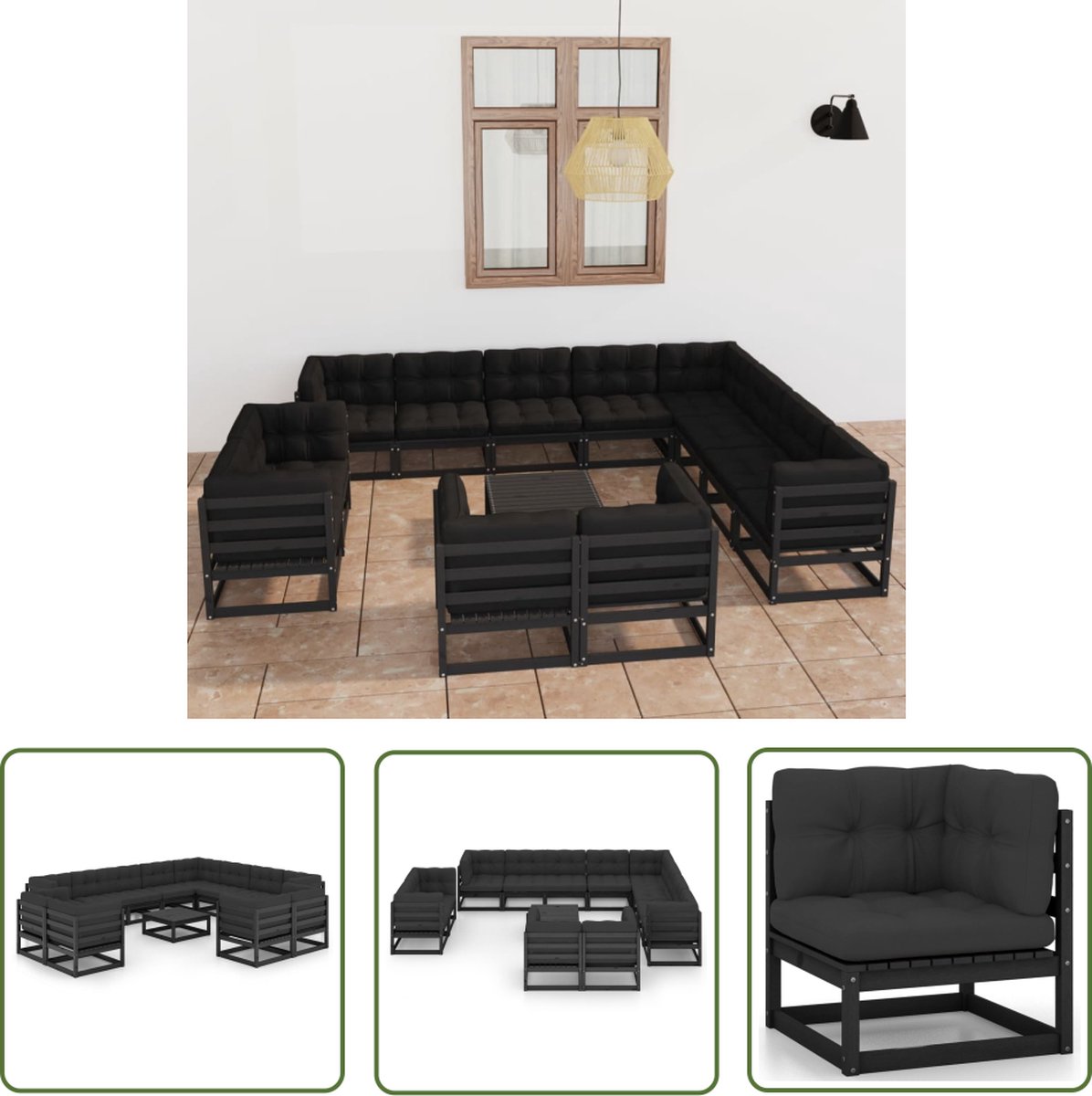 The Living Store 13-delige Loungeset met kussens massief grenenhout zwart - Loungestoel - Lounge Set - Tuinset - Houten Loungestoel - Buitendining
