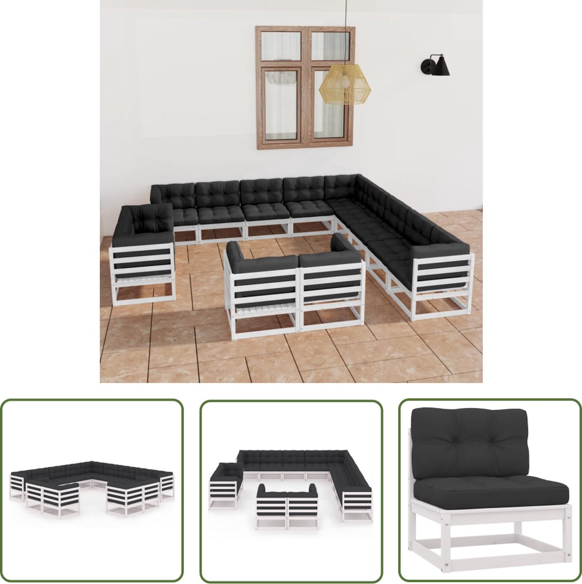 The Living Store 13-delige Loungeset met kussens massief grenenhout wit - Tuinstoel - Lounge Set - Houten Tuinmeubels - Buitendecoratie - Tuinset