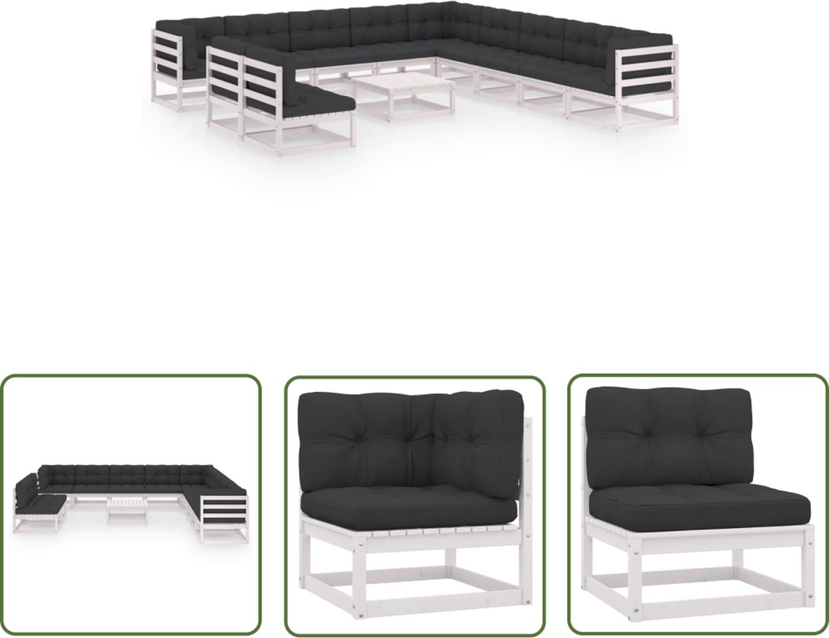 The Living Store 12-delige Loungeset met kussens massief grenenhout wit - Tuinstoel - Lounge Set - Buitendecoratie - Tuintafel - Houtmeubilair