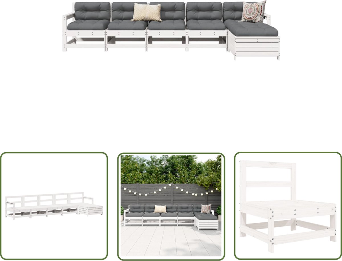 The Living Store 6-delige Loungeset massief grenenhout wit - Tuin Lounge Set - Loungeset Hout - Grenenhouten Loungebank - Outdoor Furniture - Buitentijnen