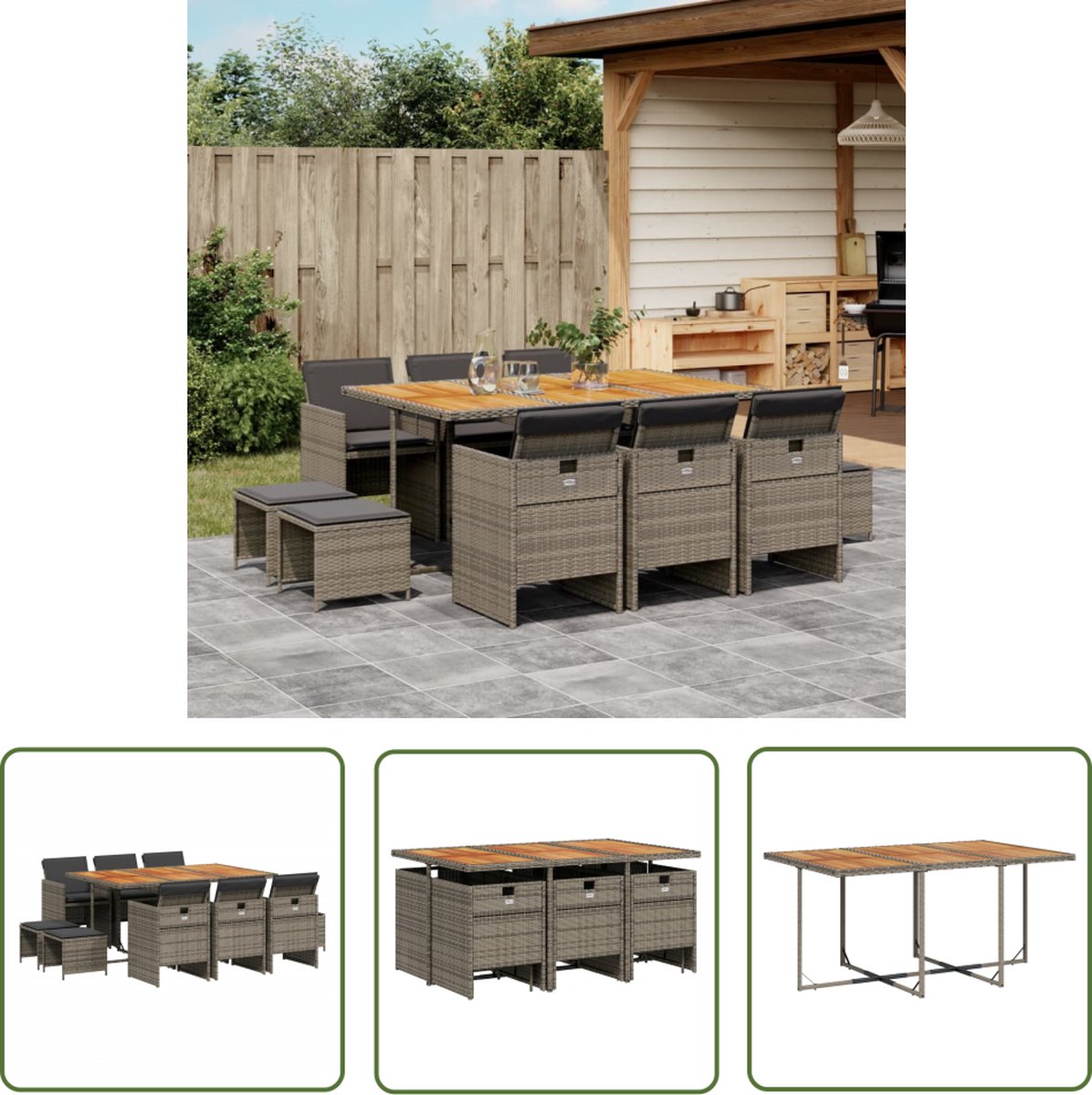 The Living Store 11-delige Tuinset met kussens poly rattan grijs - Tuinset - Buitentafel - Lounge Set - Eetkamerset - PE-rattan