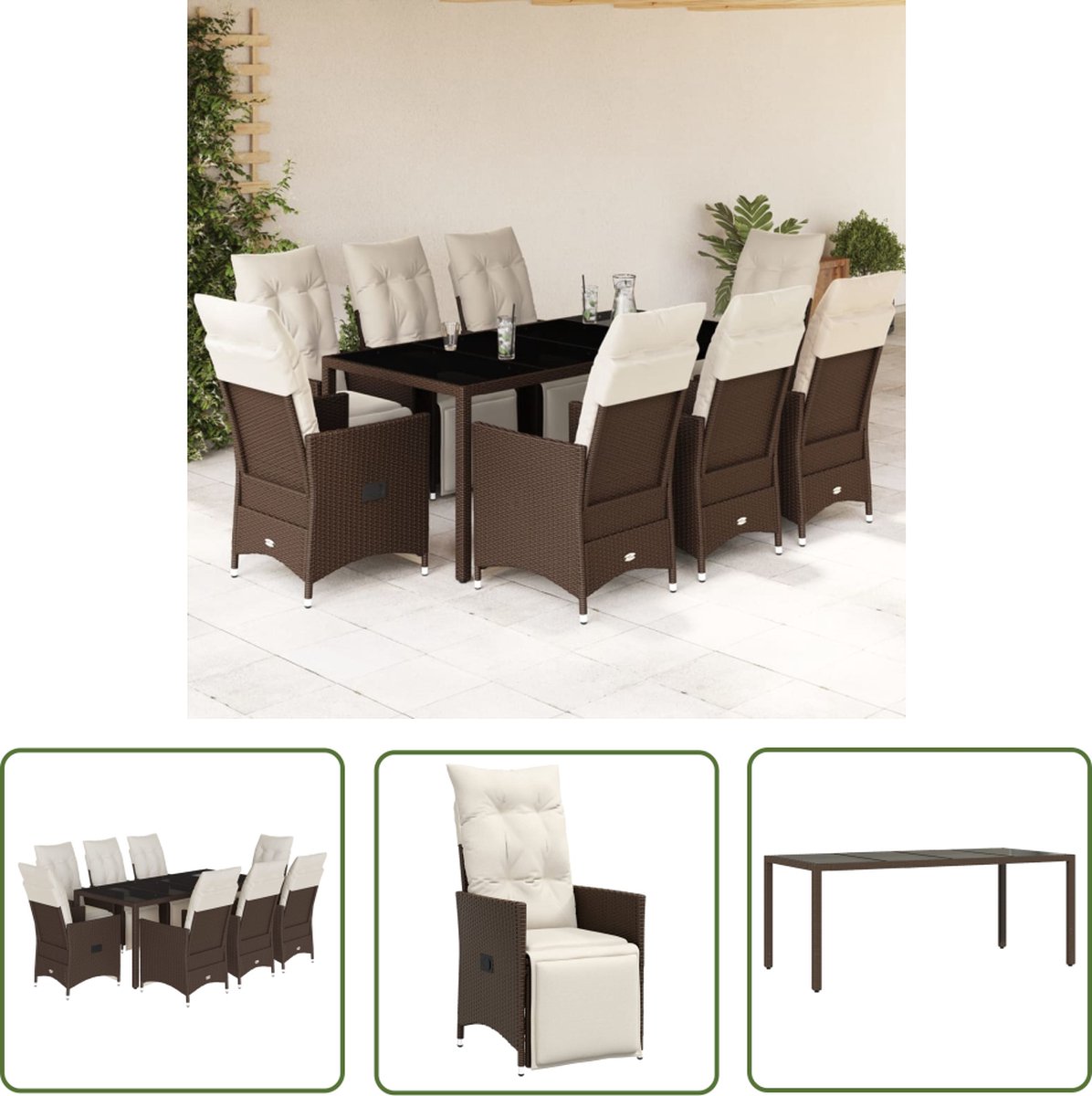 The Living Store 9-delige Tuinset met kussens poly rattan bruin - Bistroset - Tuinmeubels - Lounge Set - Buitendiner - Terras