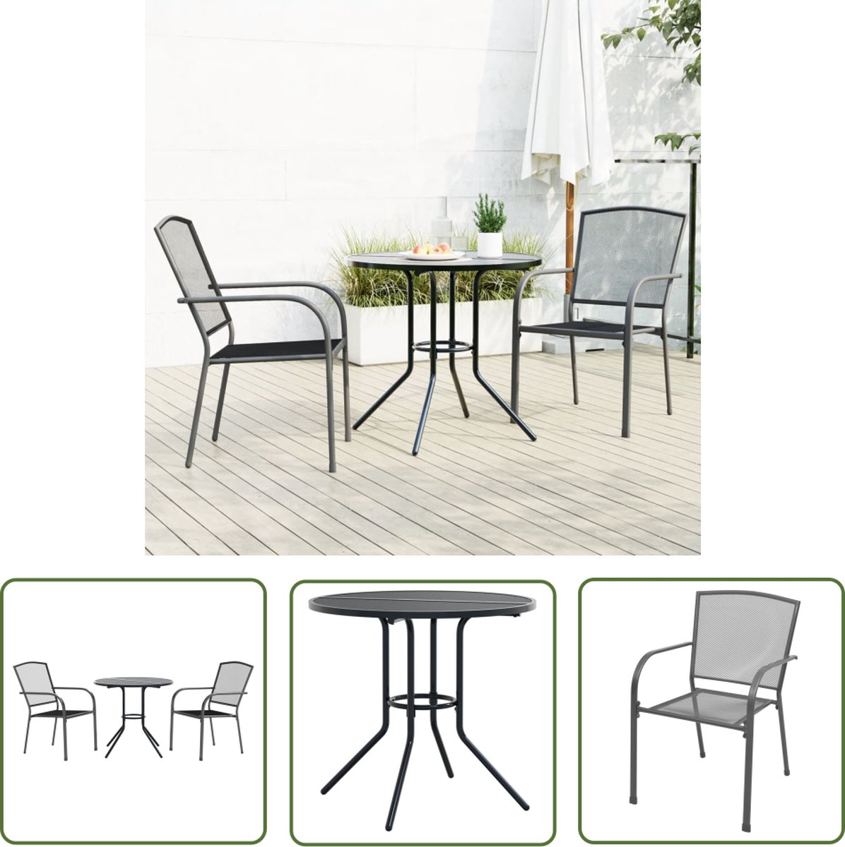 The Living Store 3-delige Tuinset stapelbaar gepoedercoat staal antraciet - Tuinmeubels - Bistroset - Buitentijd - Terrasdecoratie - Eetkamerset