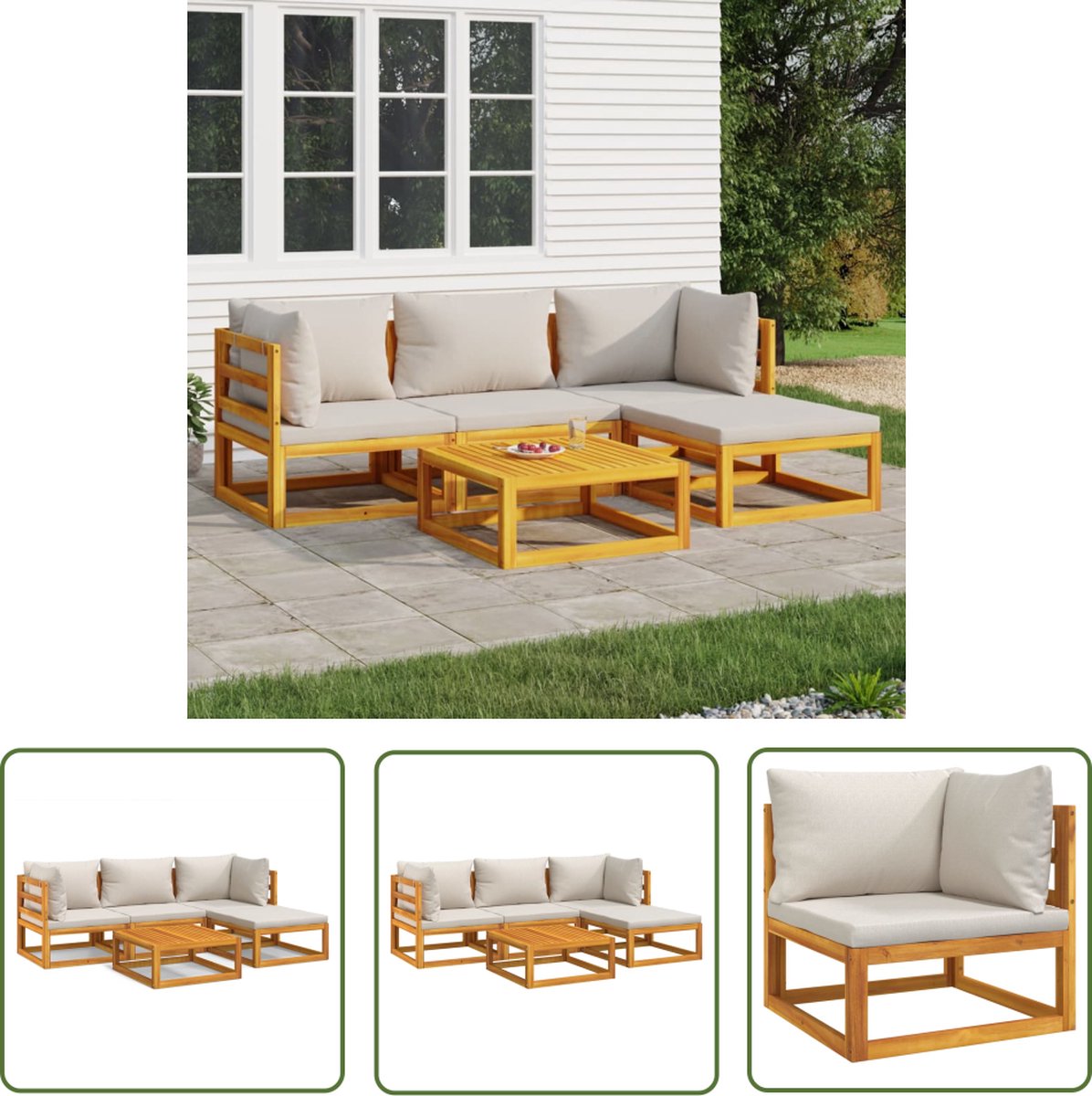 The Living Store 5-delige Loungeset met lichtgrijze kussens massief hout - Tuinstoel - Lounge Set - Acacia Hout - Buitendecoratie - Loungebank