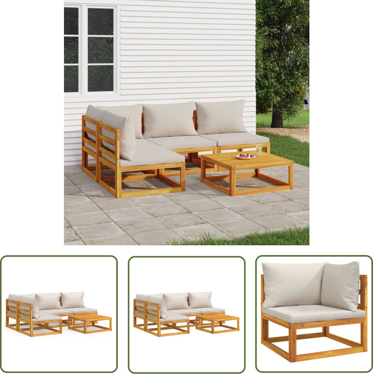 The Living Store 5-delige Loungeset met lichtgrijze kussens massief hout - Tuinsets - Lounge Sets - Acacia Hout - Outdoor Furniture - Buitendecoratie