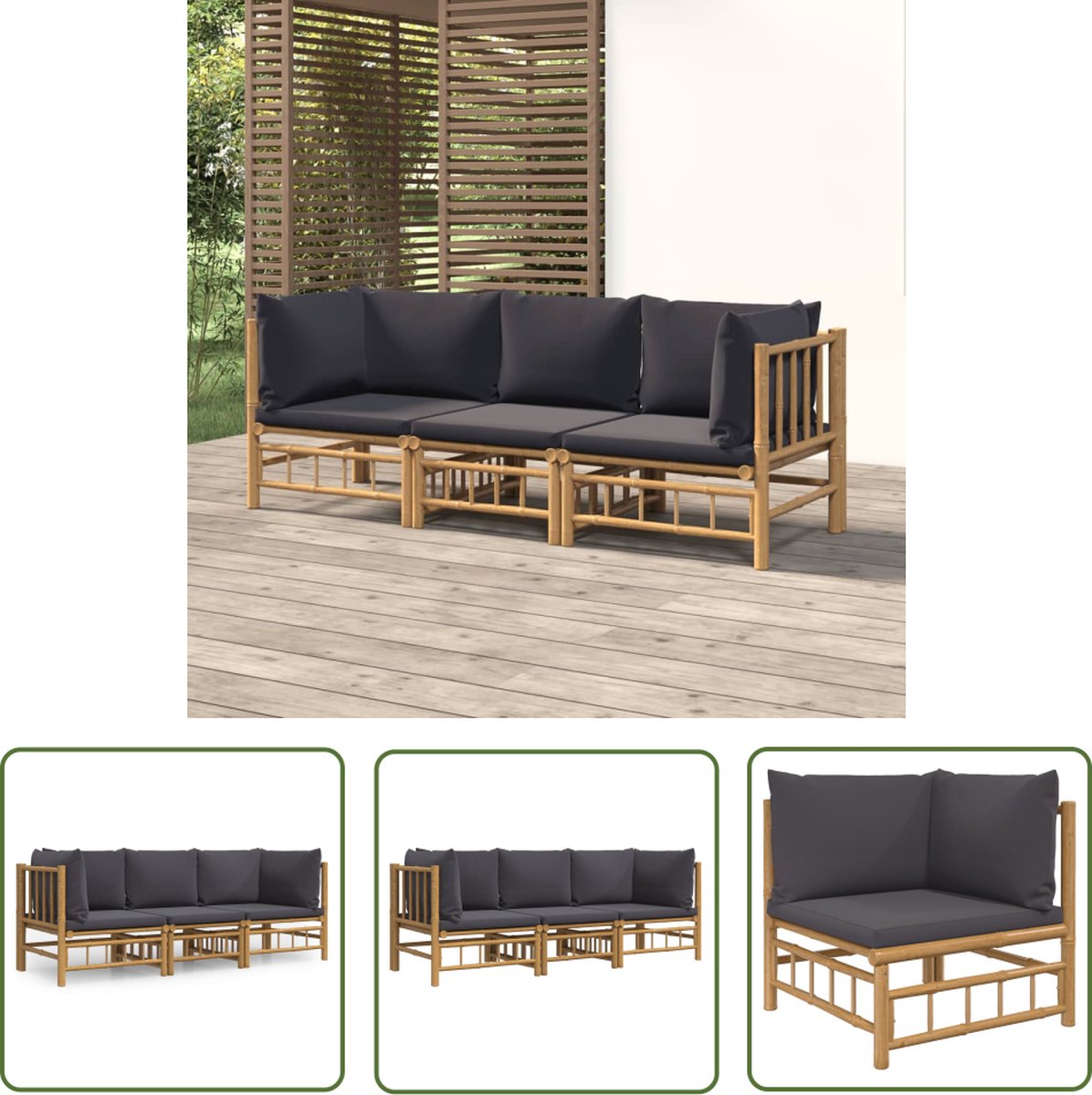vidaXL 3-delige - Loungeset - met - kussens - bamboe - donkergrijs