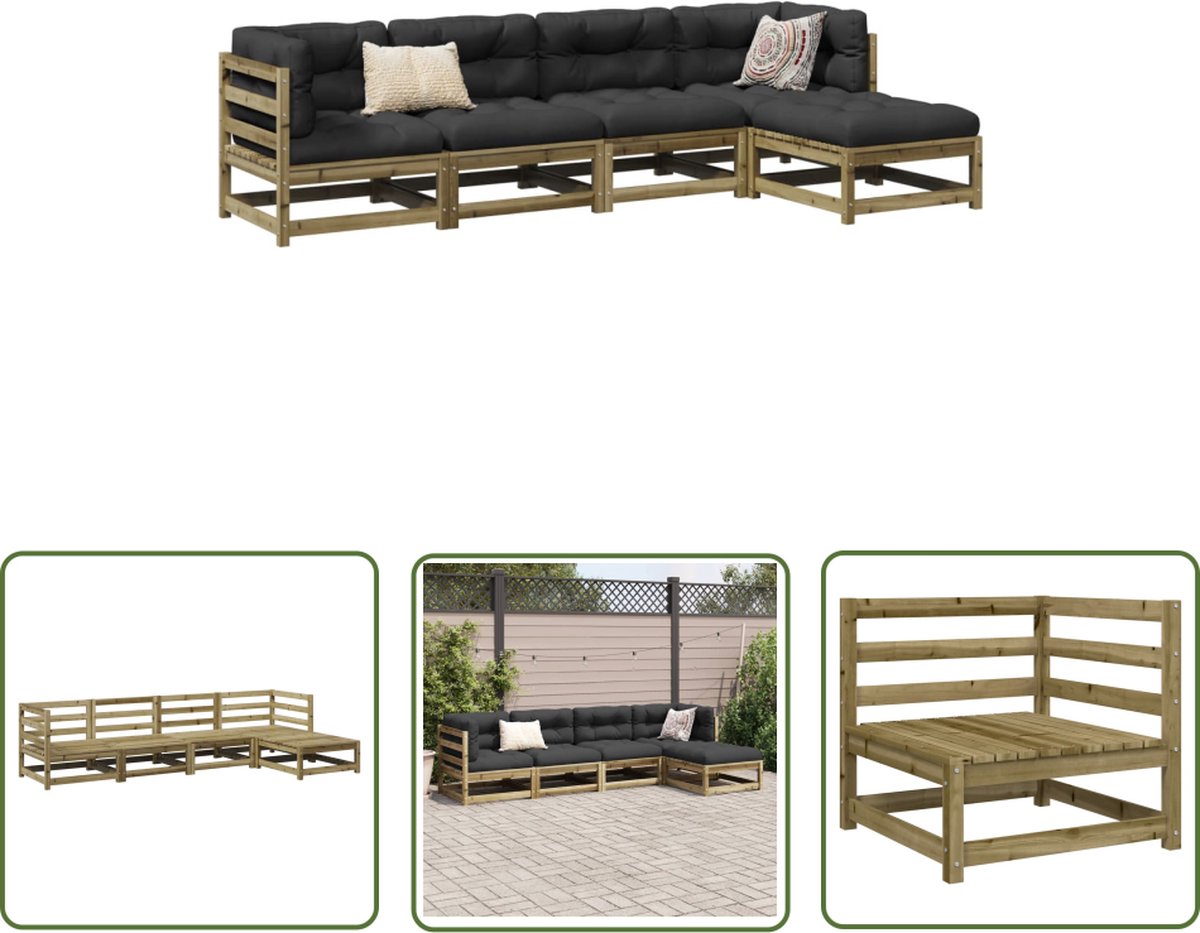 The Living Store 5-delige Loungeset geïmpregneerd grenenhout - Loungebank - Tuinset - Houten Lounge - Grenenhouten Meubel - Outdoor Furniture