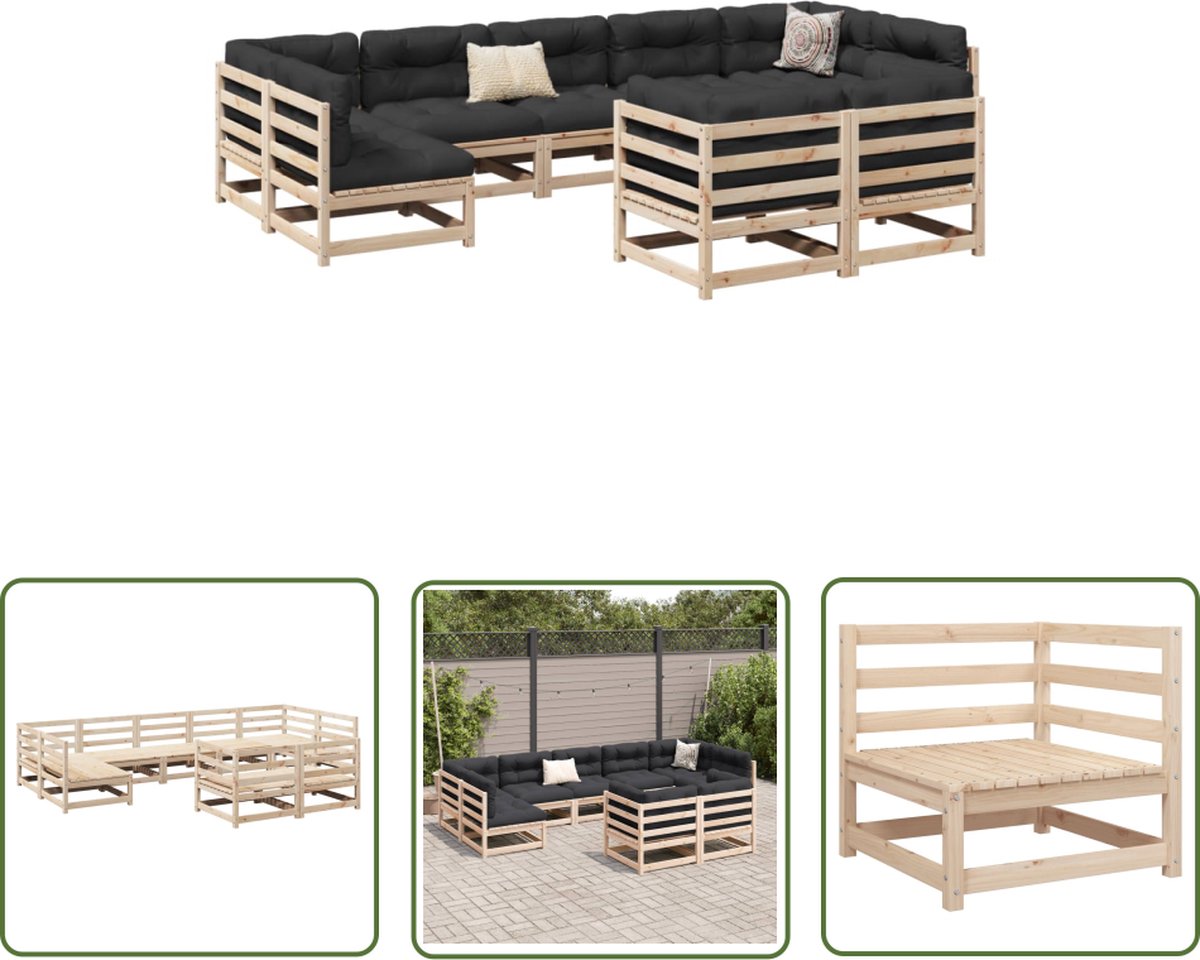 The Living Store 9-delige Loungeset massief grenenhout - Loungebank - Tuinset - Houten Lounge - Grenenhout - Loungewagen