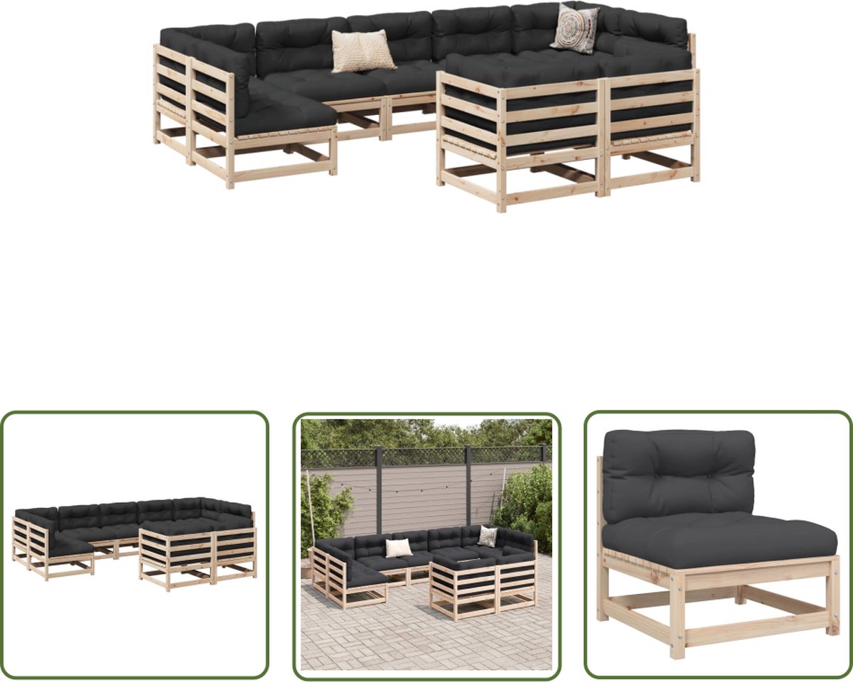 The Living Store 9-delige Loungeset met kussens massief grenenhout - Loungeset - Tuinset - Houten Lounge Set - Grenenlounge - Buitendining