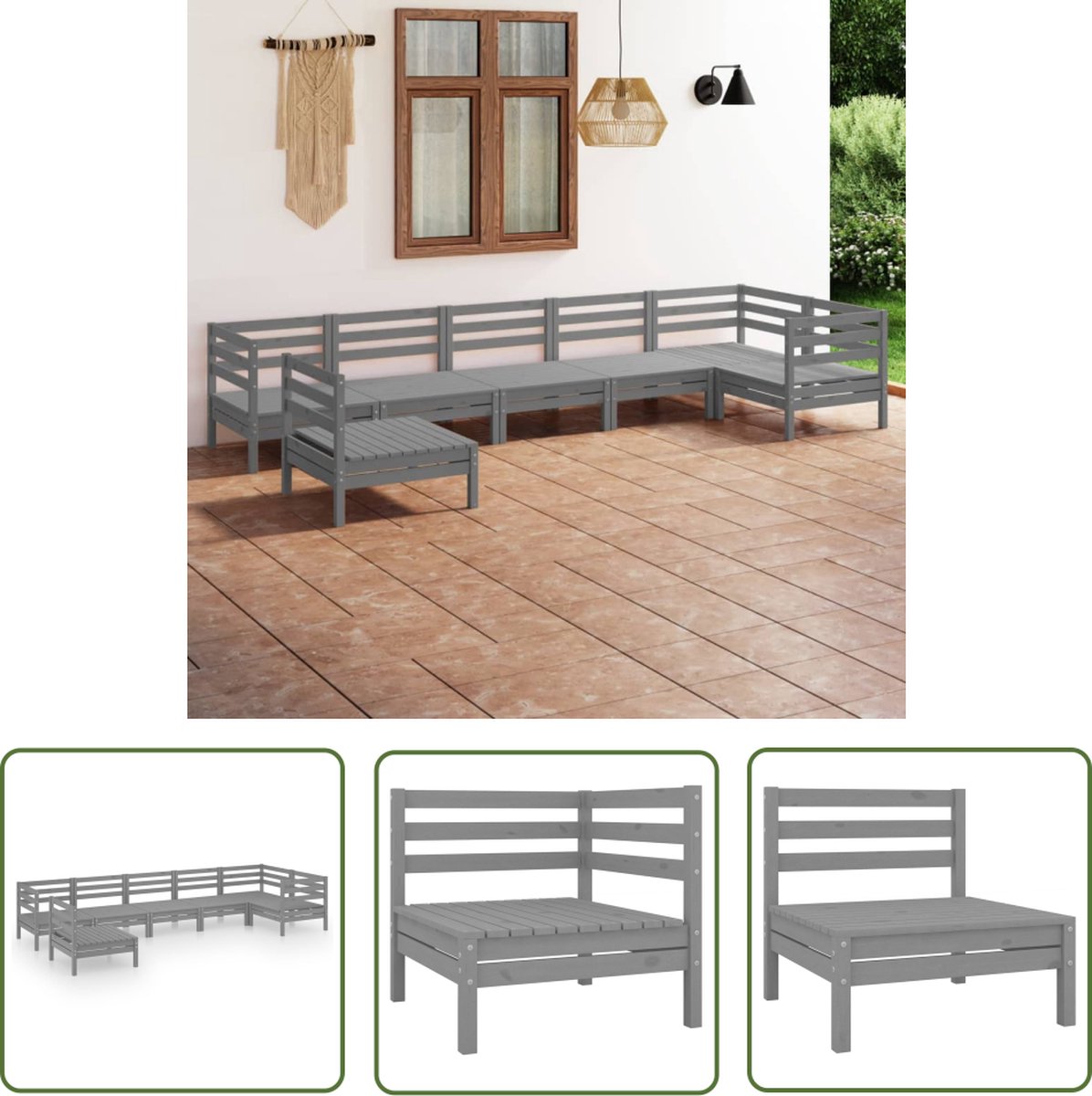 The Living Store 7-delige Loungeset massief grenenhout grijs - Tuinmeubles - Lounge Set - Buitenmeubilaar - Hout - Grijze Bank