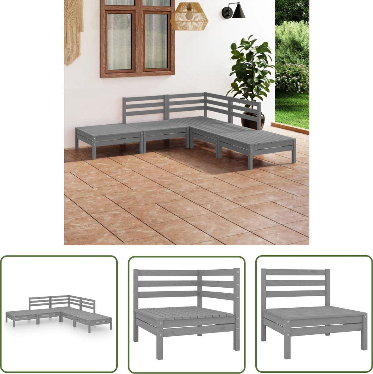 Grijze loungeset van massief grenenhout voor buiten - Tuinmeubelen met Teak Tafel