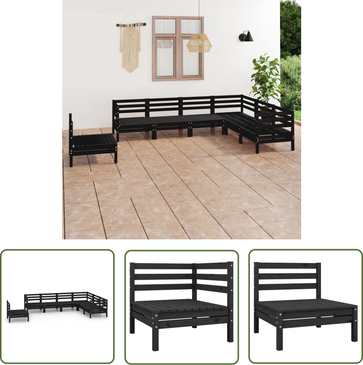 The Living Store 7-delige Loungeset massief grenenhout zwart - Houten Lounge Set - Tuinstoel - Buitendecor - Teak Tafel - Loungebank