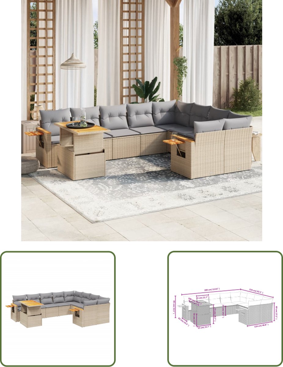 The Living Store 10-delige Loungeset met kussens poly rattan beige - Tuin Lounge Set - Loungebank - PE Rattan - Buitendecoratie - Outdoor Furniture