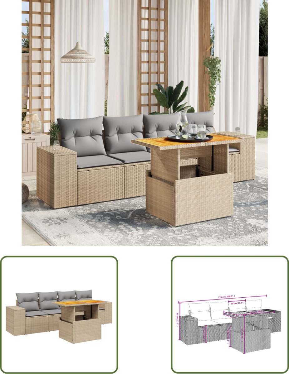 The Living Store 5-delige Loungeset met kussens poly rattan beige - Loungebank - Lounge Set - Tuinset - Buitendecoratie - Tuinlounge