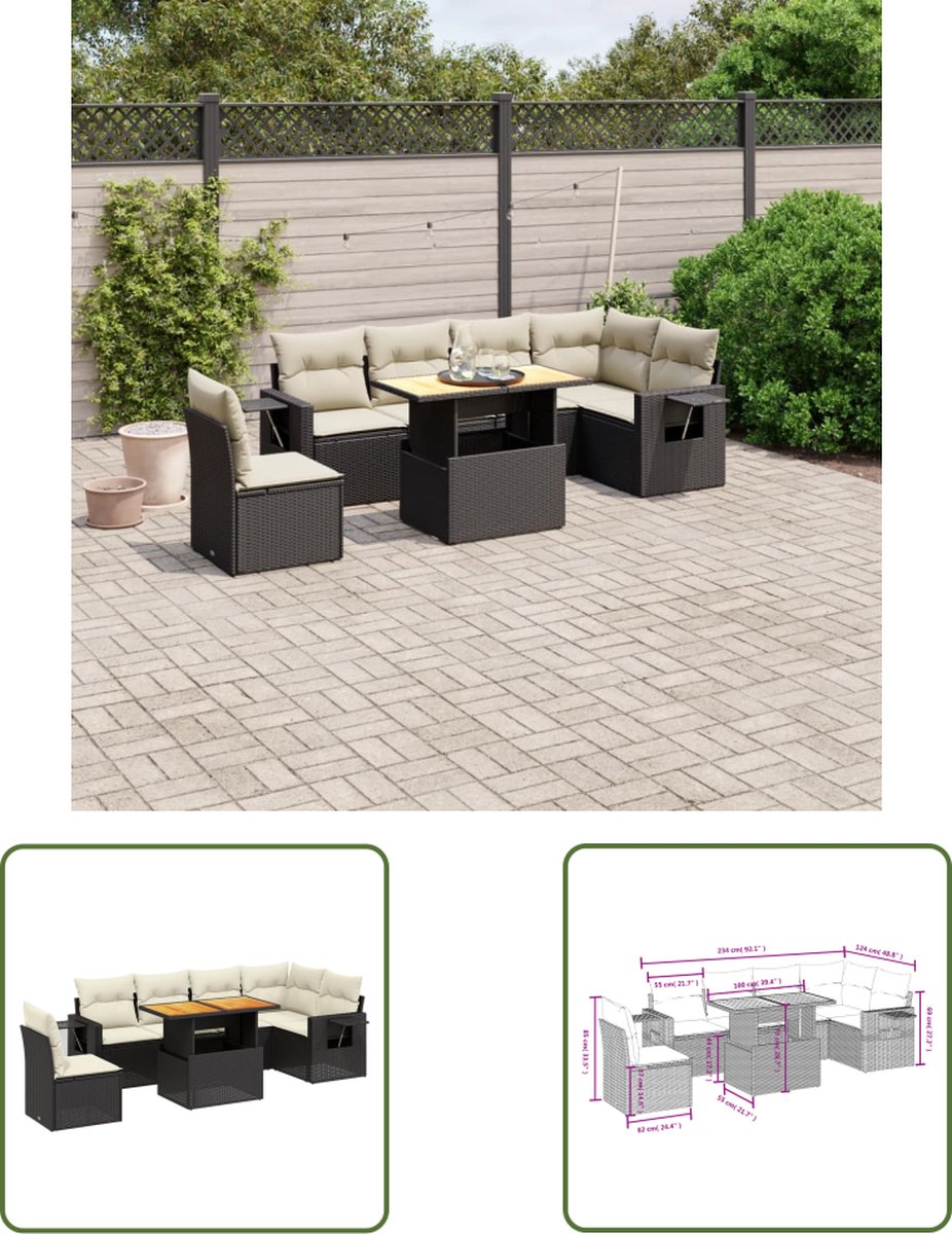 The Living Store 7-delige Loungeset met kussens poly rattan zwart - Loungebank - Tuinset - Lounge Set - PE Rattan - Outdoor Furniture