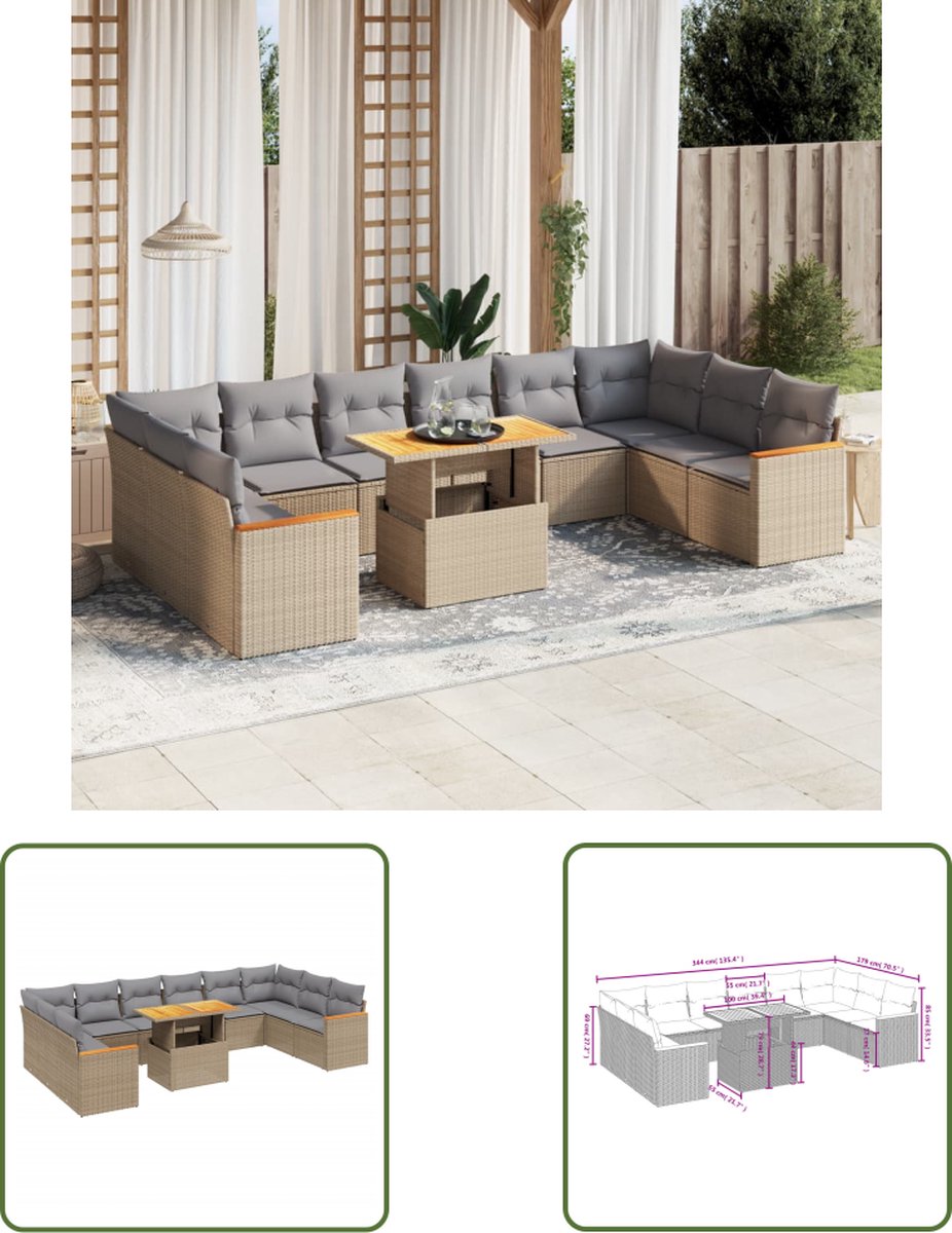 The Living Store 11-delige Tuinset met kussens poly rattan beige - Loungebank - Tuinmeubels - Lounge Set - Buitendecoratie - Pe Rattan