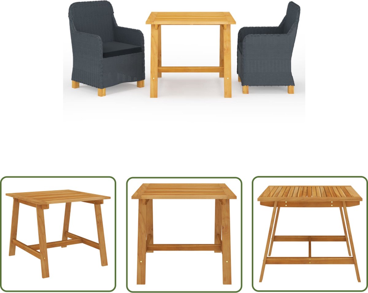 The Living Store 3-delige Tuinset donkergrijs - Tuinbank - Eetkamertafel - Buis Meubilair - Acacia Hout - Outdoor Furniture
