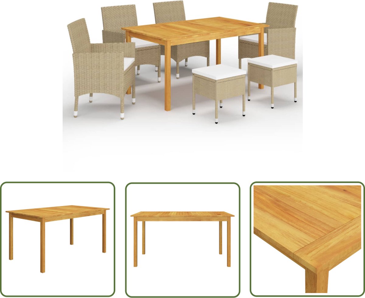 Tuinset van acaciahout in beige met eetkamerstoelen en buitentafel.